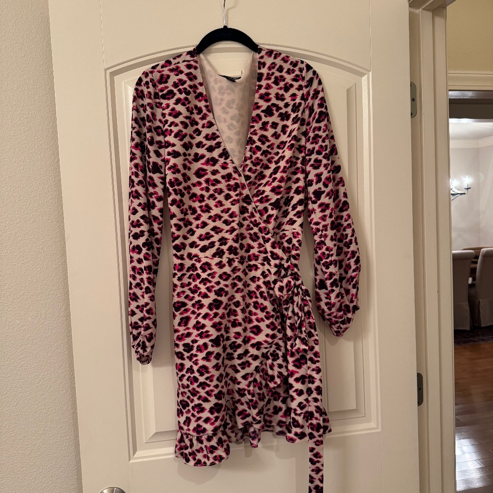 Bloomingdale’s Aqua ruffle wrap leopard dress